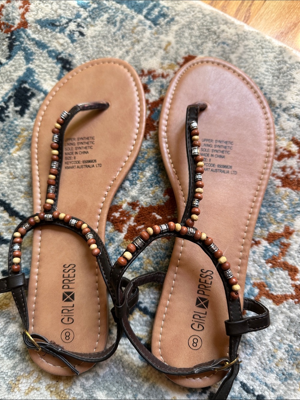 Casual Brown Beaded T-Strap Sandals
